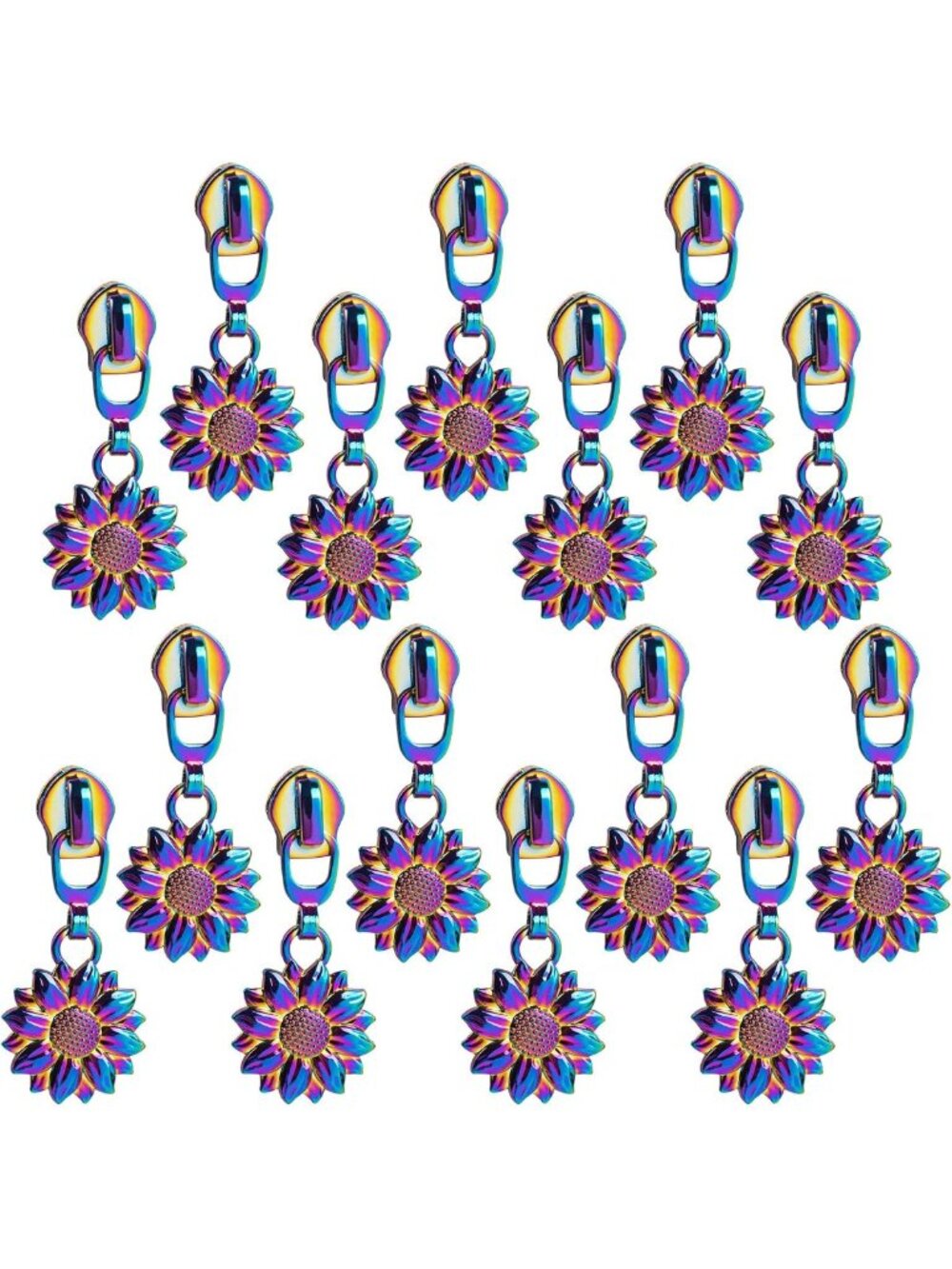 15 Pack Rainbow Metal Zipper Pulls #5 - Sunflower Replacement Sliders for Crafts